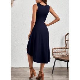 Happy Sailed Women's Formal Midi Dresses Summer Sleeveless Ruched Waist Asymmetrical Hem Flared A Line High Low Cocktail Party Dress for Wedding Guest Navy Blue Large