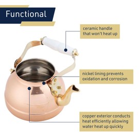 Classic Cuisine Copper Tea Kettle - Teapot for Stovetop with Copper Exterior, Nickel Lining, and Ceramic Handle - 7.25C/1.8Q Vintage-Style Kettle - Perfect for Tea, Coffee, or Cooking