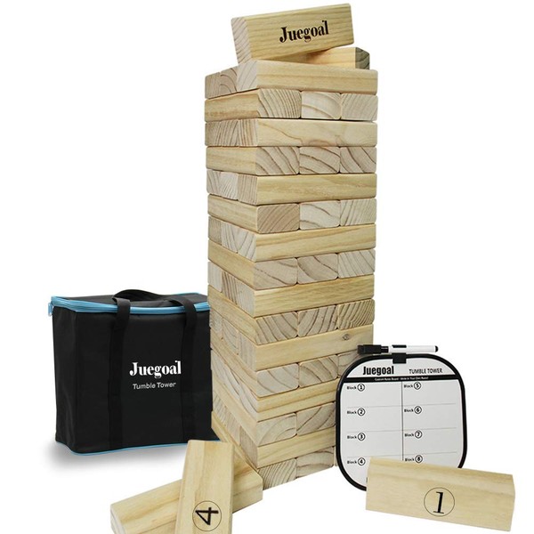 Juegoal 54 Piece Giant Tumble Tower, Wooden Block Game with Gameboard, Canvas Bag for Outdoor Yard Playing,7.1 x 7.2 x 25.2 Inches