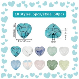 PH PandaHall 50PCS 10mm Heart Gemstone Beads, 10 Styles Natural Synthetic Stone Beads Quartz Heart Beads Crystal Spacer Beads for Valentine's Day Christmas Bracelet Necklace Jewelry Making Crafts