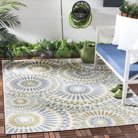 SAFAVIEH Veranda Collection VER091 Boho Floral Indoor/ Outdoor Non-Shedding Easy Cleaning Patio Backyard Porch Deck Mudroom Area Rug, 5'3" x 5'3" Square, Cream / Green