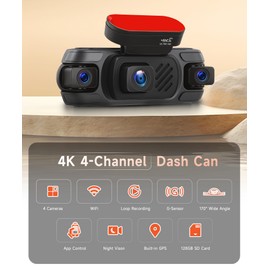 4K 360° Dash Cam 4-Channel Front/Rear/Inside/Side Car Dash Camera with WiFi, APP Control, Built-in GPS,128GB SD Card Included, 8 IR Night Vision, G-Sensor, 24/7 Parking Mode