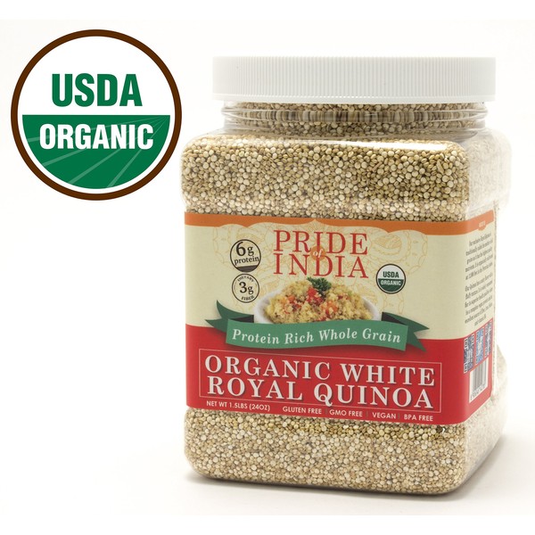Pride Of India - Organic White Royal Quinoa - 100% Bolivian Superior Grade Protein Rich Whole Grain, 1.5 Pound Jar
