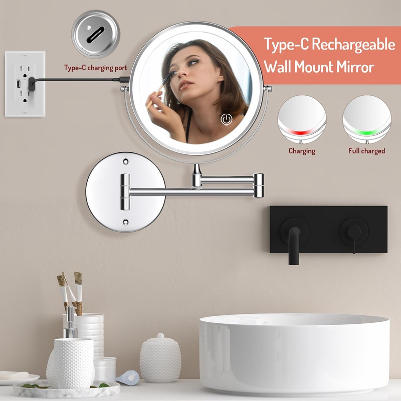 Rocollos Rechargeable Wall Mounted Lighted Makeup Mirror, 8 Inch Double-Sided