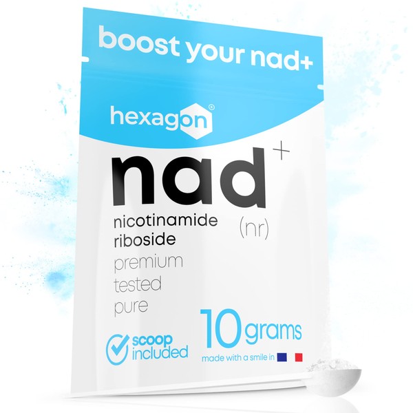 NAD+ Nicotinamide Riboside Chloride Powder 10 Grams + 31 Days of Care – Against Age and Fatigue, NAD Booster – Made in France Hexagon