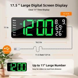 17.5” Digital Wall Clock, LED Display with Time, Date, Month, Temperature & Humidity, Remote Control DST, Alarm, Timer, 10-Level Brightness, Night Light for Home, Living Room, Bedroom & Office Décor