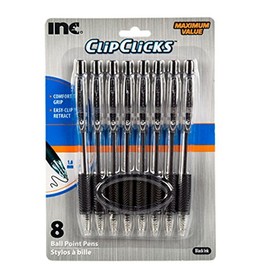 Clip Click Retractable Ball Point Pens, 1.0 mm Black Ink, Set of 8