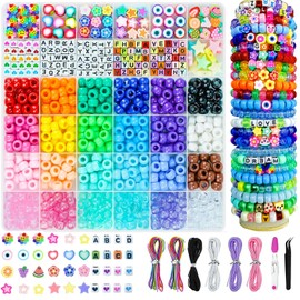 900 Pony Beads, 200 Letter Beads Jewelry, 60 Colorful Clay Bead, Kandi Bracelet Making Kit for Girls, 30 M Elastic Rope, Scissors Tweezers, DIY Crafts Necklace Make Party Gifts
