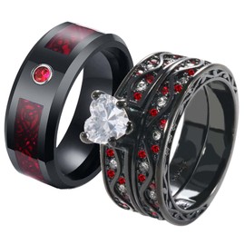 ringcolor Couple Rings Black and Red His and Her Rings Heart CZ Women Wedding Ring Sets Titanium Men Wedding Bands