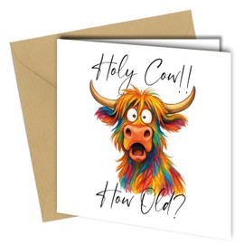 Holy Cow Birthday Card, Colourful Highland Cow Design, 15 cm Square, Blank Inside with Kraft Envelope