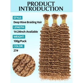 Honey Blonde Human Braiding Hair for Boho Braids 100g 3 Bundles/Pack 20 Inch Curly Boho Hair for Braiding Knotless 12A Deep Wave Bulk Bohemian Color 27