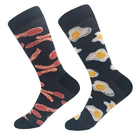 KoolHour Mens Cool Food Design Bacon Egg Patterned Funny Cute Cotton Casual Novelty Dress Crew Socks, Black 1 Pack