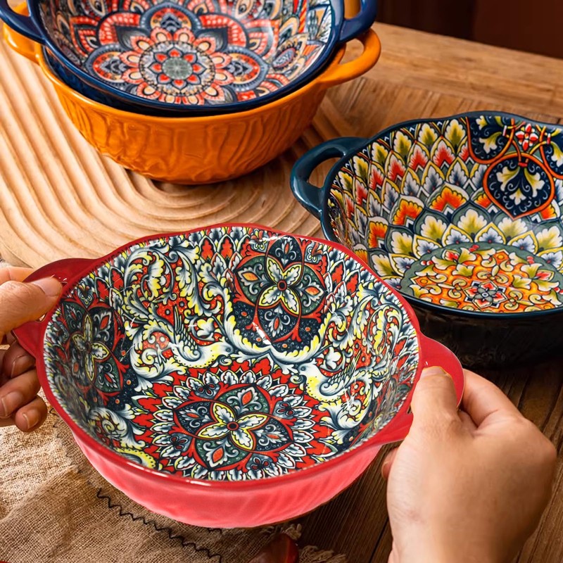 Bohemia Large Bowls with Handle, 40 oz Ceramic Soup Bowl