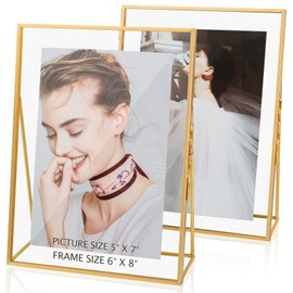 Jajamy Gold Floating Picture Frame Set of 2, Glass Picture Pressed Flower Frames, Gold Floating Frame for 5x7 Photo Vertical Standing Tabletop Display
