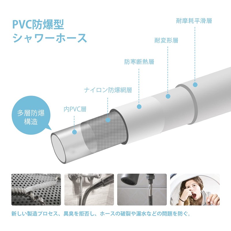 OFFO Shower Hose, Soft, w/ Adapter, Low Odor, Pressure-Resistant, Leak-Proof,
