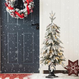 Glitzhome 2 Pack 4ft Prelit Artificial Christmas Tree, Flocked Potted Small Christmas Tree with 100 Warm White Lights, Pinecone and Red Berries,224 PVC&Pine Needle Branch Tips for Entrance Porch Decor
