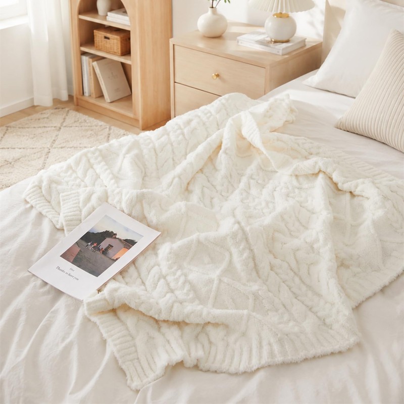 Plush Cable Knit Throw Blanket 50x60, White, Cozy Home Accent
