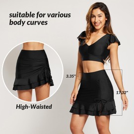 baleaf Women's High Waisted Adjustable Drawstring Ruffle Swim Skirt Bottoms Modest Tummy Control Swim Skort with Pocket Liner, Black, X-Large