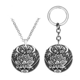 Wixine 2Pcs Mandala Pendant Silver Om Buddha Tibetan Moon Lotus Flower Healing Cord Necklace & Keychain