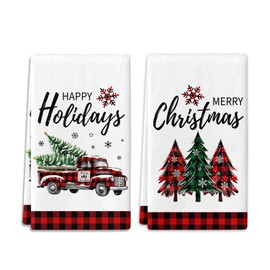 SUZEJHE Merry Christmas Hand Towels for Bathroom Set of 2, Xmas Truck Happy Holidays Bath Hand Towels for Kitchen Home Hotel Gym Spa Yoga Farmhouse Winter Decorative 18x26 Inch