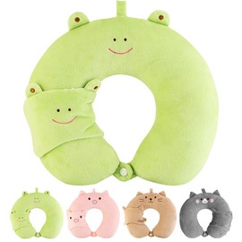 HINATAA Travel Pillow, Portable and Comfortable Neck Support Pillow With Sleeping Eye Mask for Adults and Kids, Cute Animal Airplane pillow for Home, Office, Camping, Travelling (Green)