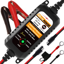 MOTOPOWER MP00205A Cargador de Batería 12V 800mA – Automático, Inteligente, para Motos, Coches, Barcos, RV, AGM, Gel, Plomo-Ácido – Con Protección Multinivel y Conexión SAE