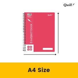 Quill, 5 Subject Notebook A4, 250 Pages, 8mm Ruled, 70gsm, 7 Punched Holes, with Red Margin and Perforated Pages, Water Resistent Cover, Random Colour