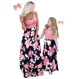 Qin.Orianna Mommy and Me Boho Floral Family Matching Maxi Dress with Pocket for Mother’s Day Pink