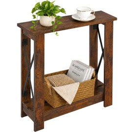 ZEXVIDA Slim Side Table, 6.6 Inch Ultra Narrow End Table with 2 Tier Storage, X-Frame Small Accent Table for Small Spaces, Gap Solution for Couch, Sofa and Living Room, Rustic Brown