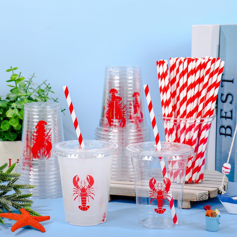 50Pcs 12 Oz Crawfish Plastic Cups with Lids & Straws