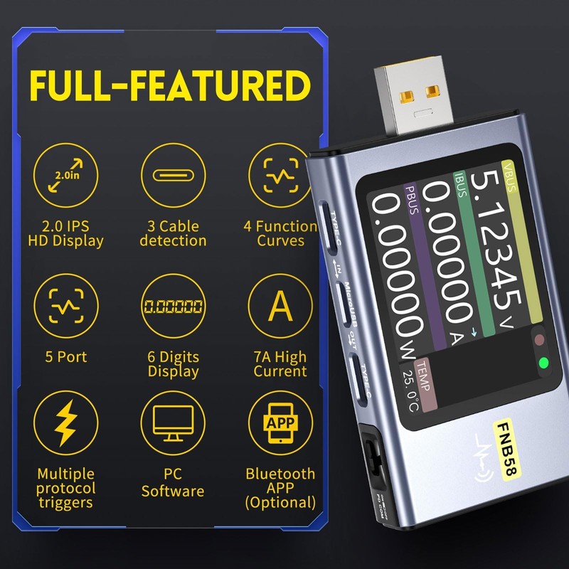 ARCELI FNB58 USB Tester, Digital Voltmeter, Ammeter, Capacitance and Ripple
