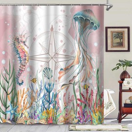 NTETSN Coastal Nautical Shower Curtain Ocean Themed Undersea Jellyfish Curtain, Starfish Seashell Shower Curtains for Bathroom Decor, 72" x 72" Pink YLOKNT0363