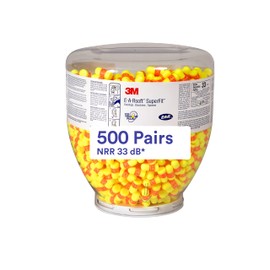 3M 3M Ear Plugs, 500 Pair/Refill Bottle for One Touch Dispenser, E-A-Rsoft SuperFit 391-1254, Uncorded, Disposable, Foam, NRR 33, Drilling, Grinding, Machining, Sawing, Sanding, Welding, Yellow/Red