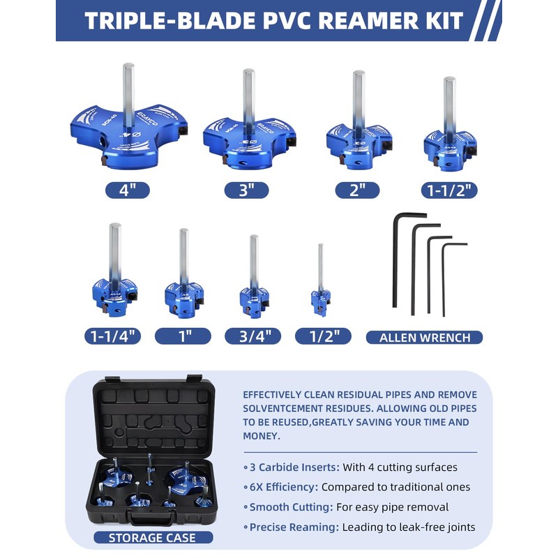 ERAYCO 8 PCS Triple Blade PVC Pipe Reamer Kit, Plastic