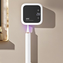 Elektrischer Zahnbürstenhalter zur Wandmontage, UV-Zahnbürsten Desinfektionsmittel mit 1 Kinder & Erwachsene Zahnbürstenschlitzen, Digitaldisplay, Ohne Bohren (Weiß)
