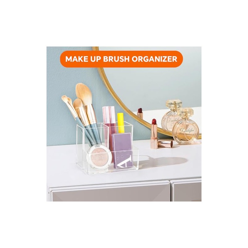 Clear Acrylic Pen Holder with 3 Compartments for Desk Organization