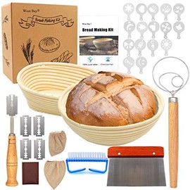 32Pcs Bread Proofing Basket Set, West Bay 10 Inch Round & 8 Inch Oval Cane Sourdough Basket w/ Bread Lame Dough Scraper Linen Liner Brush Flouring Stencils Fermentation Danish Dough Whisk Father's Day