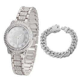 Halukakah Diamonds Gold Watch Iced Out for Boy Teens Kids - Platinum Plated, Gypsophila Rhinestones Round Dial, Japanese Quartz - 7.7" Length - Comes with Cuban Chain 7" - for Birthday, Parties