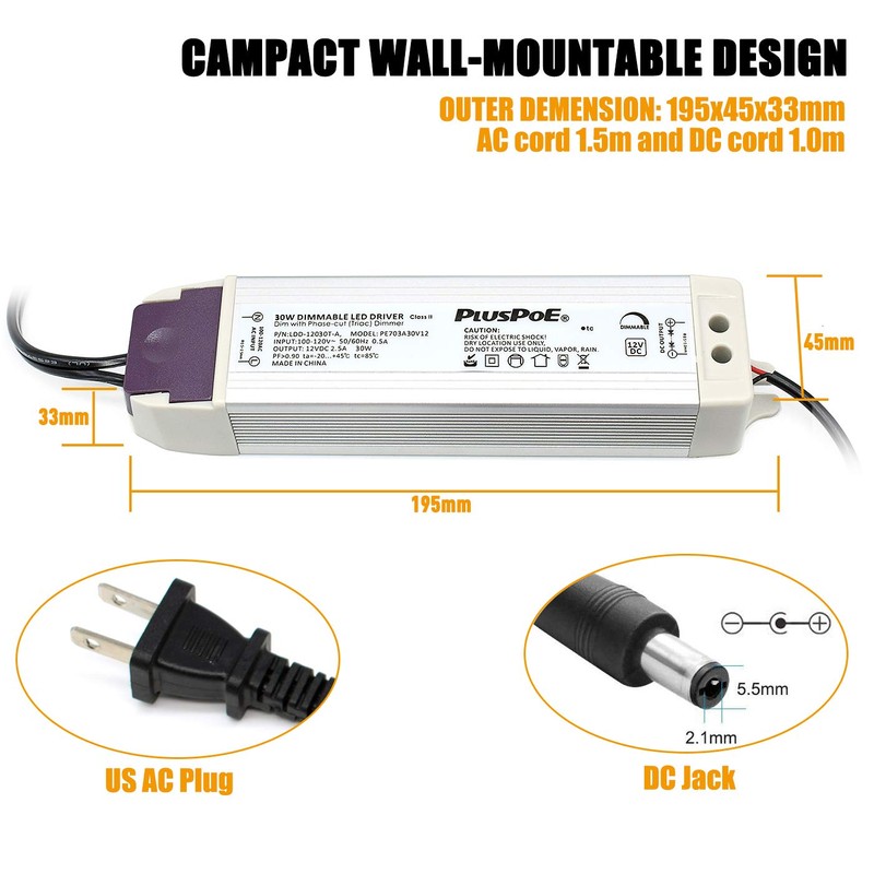 PLUSPOE 12V 30W Power Supply Driver TRIAC Dimmable Transformer for