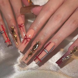 MISUD Fall Press on Nails Long Square Fake Nails Glossy Glue on Nails Red Brown Acrylic Nail Supplies Squoval Artificial Nail Art Plaid Bow Stick on False Nails with Rhinestone Design DIY 24 pcs