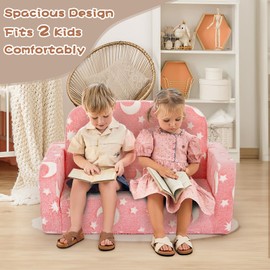 Foryoomi Extra Wide Kids Couch, Kids Sofa, Toddler Sofa Bed, Glow in The Dark, 2-in-1 Soft Toddler Couch with Blanket and Pillow, Lounger, Moon Style, Pink