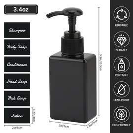 Segus Shampoo and Conditioner Dispenser, 3 Pieces 100ml Black Soap Dispenser, Refillable Shampoo Bottles with Pump, Bathroom Bottles with Labels, Bottle Dispenser for Travel