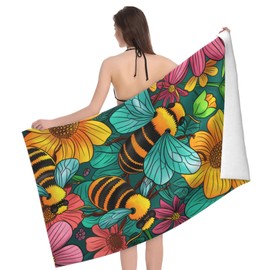 MIEPOS Cute Bee Beach Towel,32x52in,Quick-Dry Sand-Free Flower Bath Towels,Microfiber Lightweight for Travel Pool Yoga Beach Outdoor Activities Decor Accessories Gifts (Floral Honeybee)