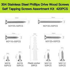 420pcs M3 Flat Head Self-Tapping Screws Assortment Kit,304 Stainless Steel Wood Screw Phillips Flat Head,Contains 20pcs M6 Screw Anchors