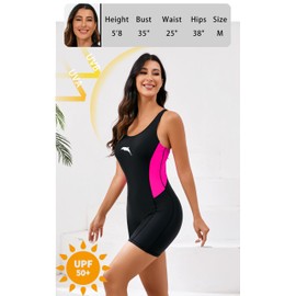 Halcurt Women's Boyleg Athletic One Piece Swimsuit with Boyshorts Racerback Sport Bathing Suit Black Hot Pink1 XL