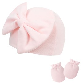 UTTPLL Newborn-Mittens-Hospital-Beanie-Scratch Gloves Set for 0-6 Months Big Bow Infant Caps Baby Girls Cotton Beanies Soft Cute Knot Nursery Headbands Hats Pink