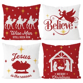 Tian Zhun Christmas Pillow Covers 20x20 Inch Set of 4 Nativity Religious Throw Pillow Covers Red And White Xmas Winter Decorative Cushion Covers Case Home Sofa Living Room Farmhouse Decor