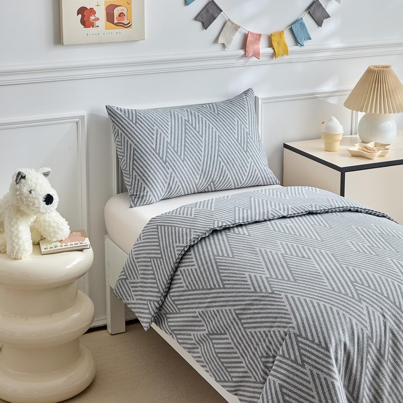DuShow Cot Bed Duvet Cover Set, Cotton, Grey Line, Toddler