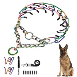 Kletloop Dog Prong Traing Collar - Choke Pinch Collar [2 Extra Links][Dog Whistle][Colorful] with Martingale Chain and Rubber Caps,for Medium Large Breed-L