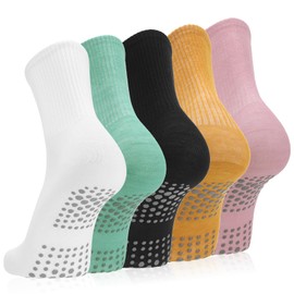 Starvortex 5 Pairs of Women's Yoga Socks, Non-Slip Grip Pilates Socks, Breathable Pilates Socks, Comfortable and Versatile Non-Slip Sock for Dance Ballet, White, Mint Green, Black, Mustard Yellow